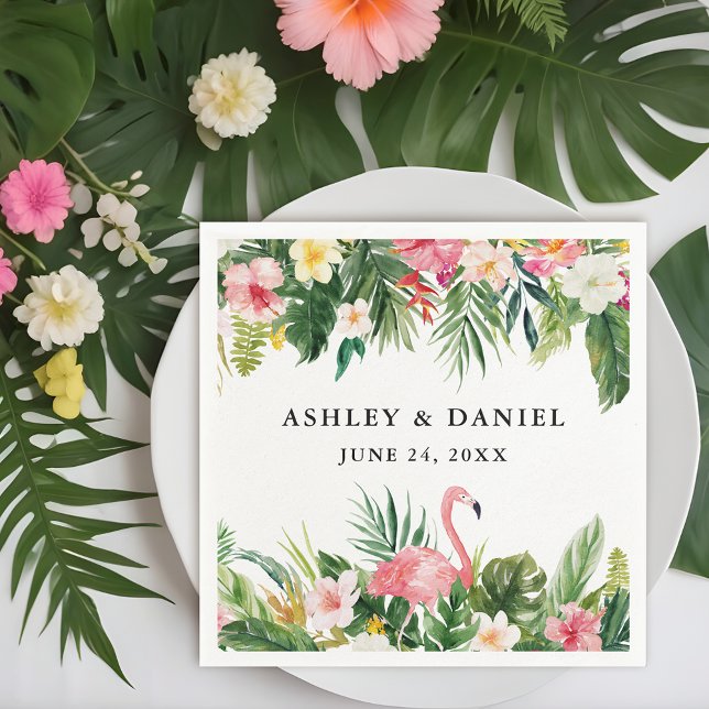 Watercolor Tropical Floral Flamingo Wedding Napkin (Customize to change text size, style, color or to add more text.)