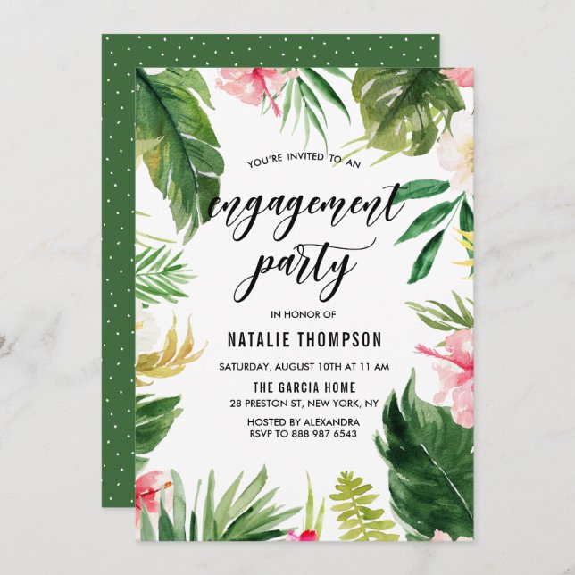 Watercolor Tropical Floral Frame Engagement Party Invitation (Front/Back)