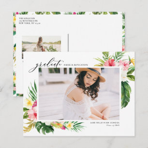 Watercolor Tropical Floral Frame Photo Graduation Announcement Postcard