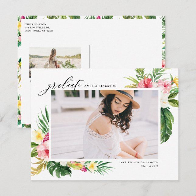 Watercolor Tropical Floral Frame Photo Graduation Announcement Postcard (Front/Back)