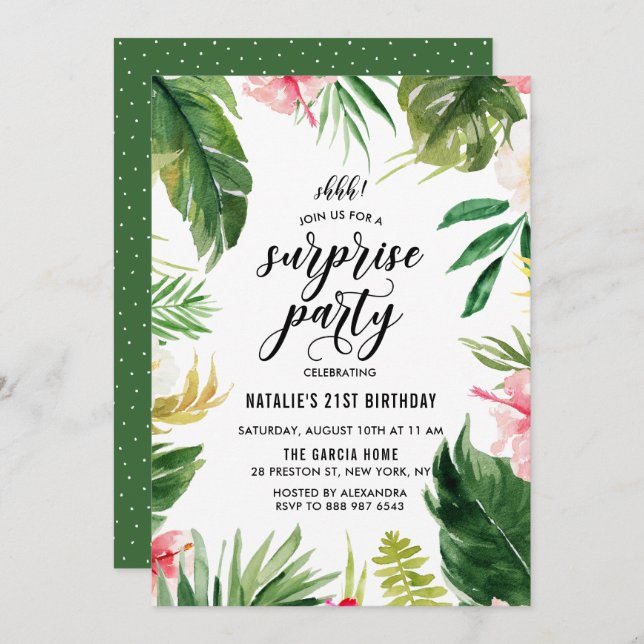 Watercolor Tropical Floral Frame Surprise Party Invitation (Front/Back)