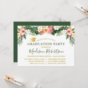 Watercolor Tropical Floral Gold Graduation Party Invitation