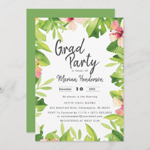 Watercolor Tropical Floral Graduation Party Invitation