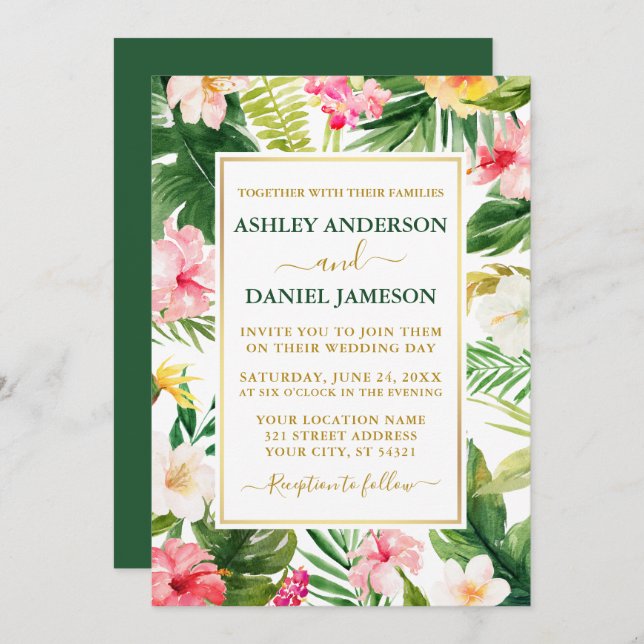 Watercolor Tropical Floral Green Gold Wedding Invitation (Front/Back)