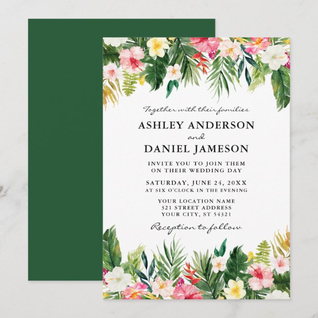 Watercolor Tropical Floral Green Wedding Invitation (Front/Back)