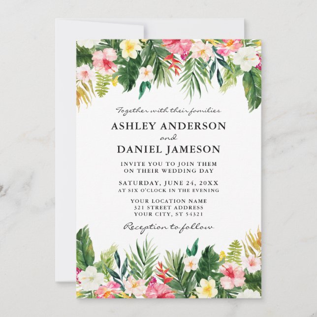 Watercolor Tropical Floral Greenery Wedding Invitation (Front)