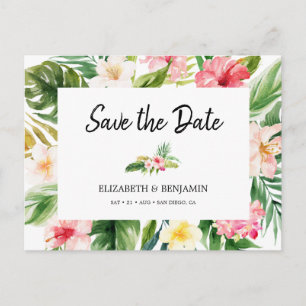 Watercolor Tropical Floral & Leaves Save the Date Postcard