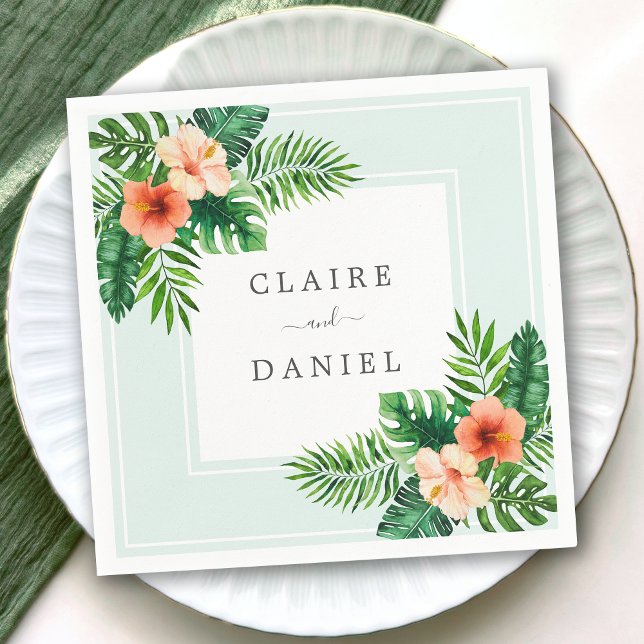 Watercolor Tropical Floral Mint Green Wedding Napkin (Creator Uploaded)