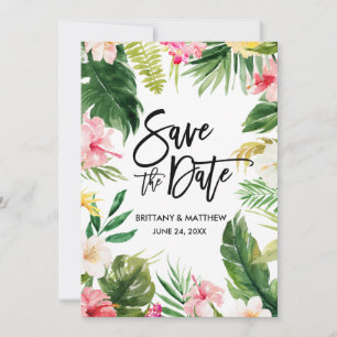 Watercolor Tropical Floral Modern Brush Script Save The Date