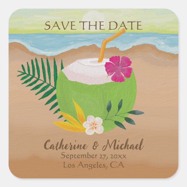 Watercolor Tropical Floral Ocean Beach Wedding Square Sticker (Front)
