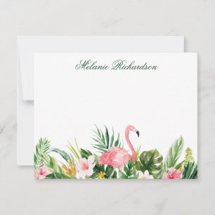 Watercolor Tropical Floral Pink Flamingo Green Card