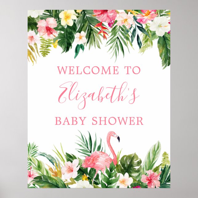 Watercolor Tropical Floral Pink Flamingo Shower Poster (Front)