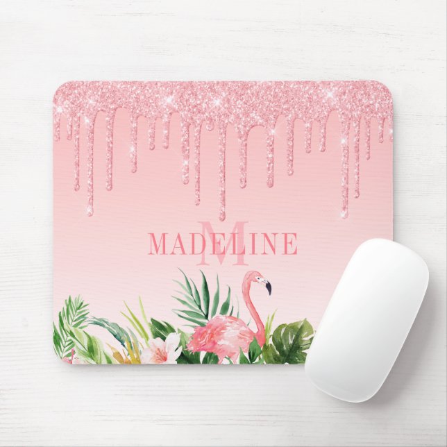 Watercolor Tropical Floral Pink Glitter Monogram Mouse Pad (With Mouse)
