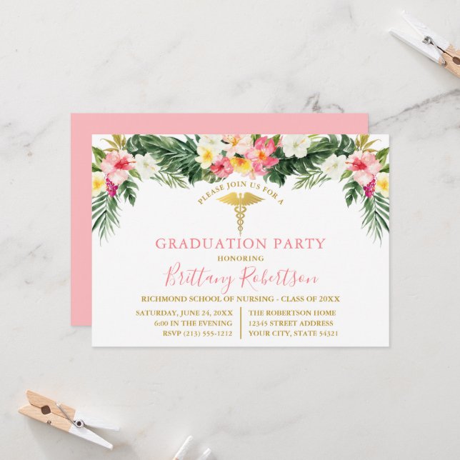 Watercolor Tropical Floral Pink Medical Grad Party Invitation (Front/Back In Situ)
