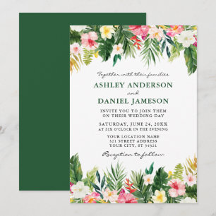 Watercolor Tropical Floral Wedding Green Invitation