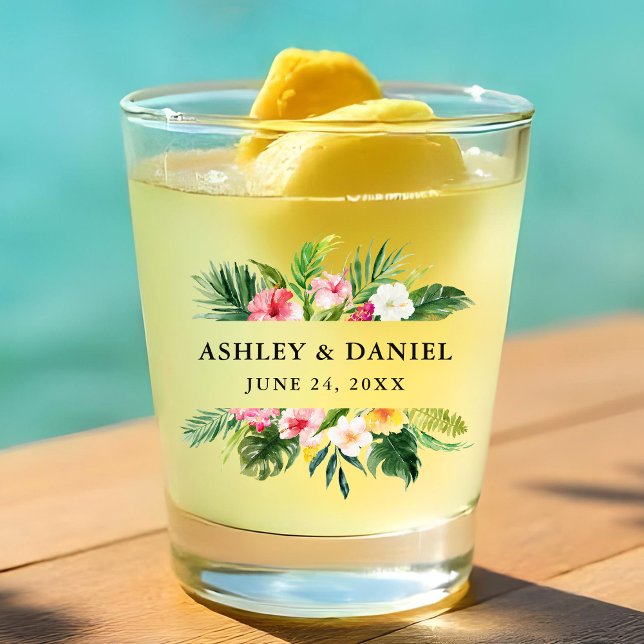 Watercolor Tropical Floral Wedding Shot Glass (Customize to change text size or text style.)