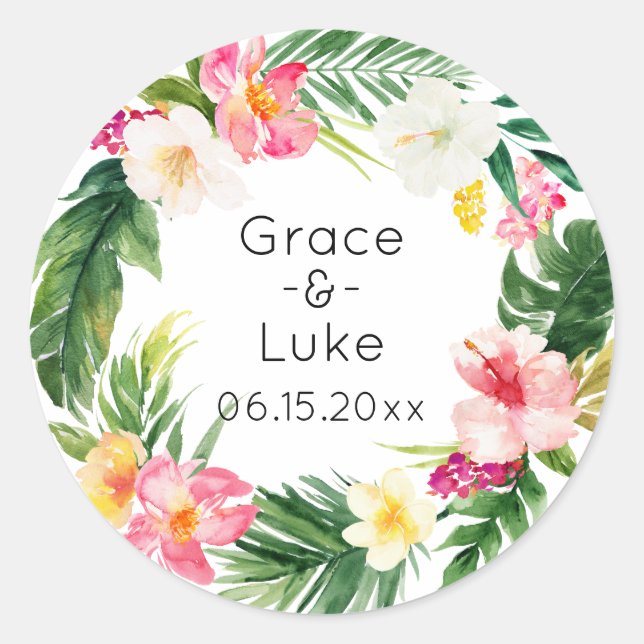 Watercolor Tropical Floral Wreath Classic Round St Sticker (Front)