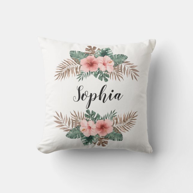 Watercolor Tropical Floral Wreath Custom Text Cushion (Front)