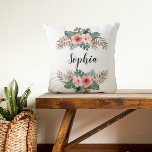 Watercolor Tropical Floral Wreath Custom Text  Cushion