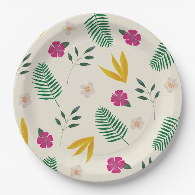 Watercolor Tropical Flower Beach Coastal Wedding  Paper Plate (Front)