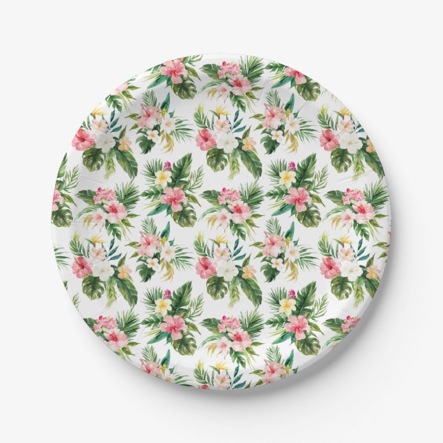 Watercolor Tropical Flowers and Greenery Pattern Paper Plate (Front)