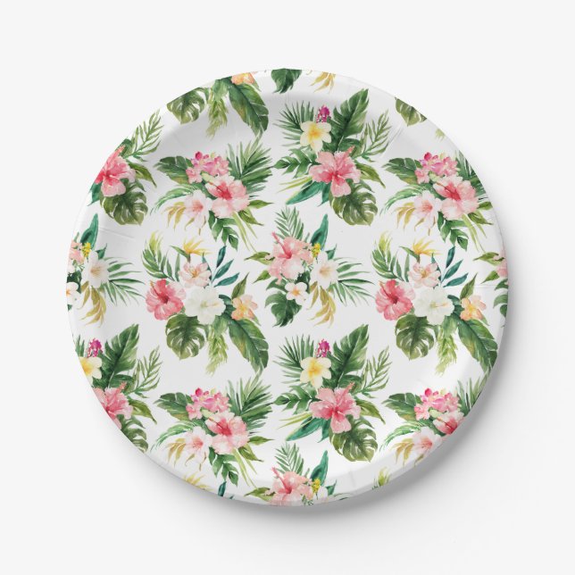 Watercolor Tropical Flowers and Greenery Summer  Paper Plate (Front)