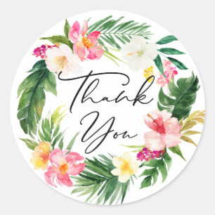 Watercolor Tropical Flowers and Greenery Thank You Classic Round Sticker