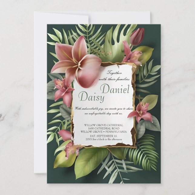 Watercolor Tropical Flowers and Greenery Wedding I Invitation (Front)