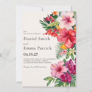 Watercolor Tropical Flowers and Greenery Wedding Invitation