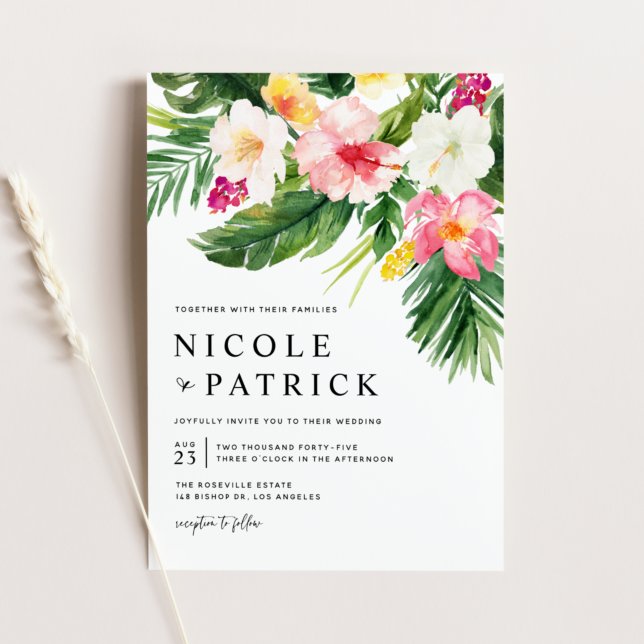 Watercolor Tropical Flowers and Greenery Wedding Invitation (Creator Uploaded)