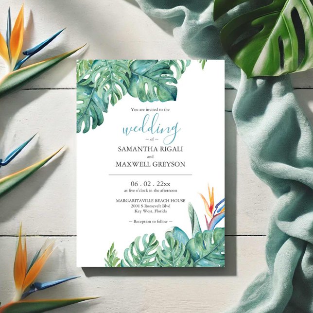 Watercolor Tropical Flowers and Greenery Wedding Invitation (Tropical destination wedding invitations watercolor floral and palm leaf art by Victoria Grigaliunas)