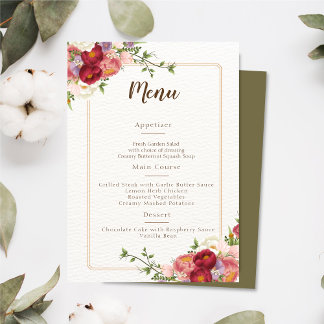 Watercolor Tropical Flowers and Greenery Wedding Menu