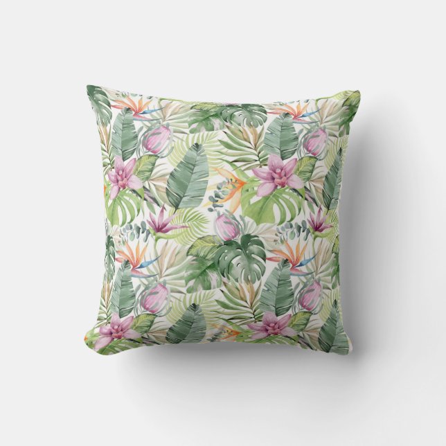 Watercolor Tropical Flowers and Leaves Cushion (Front)