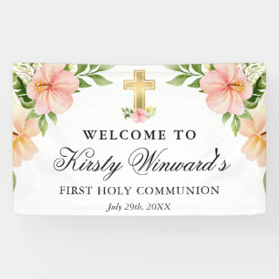 Watercolor Tropical Flowers First Holy Communion Banner