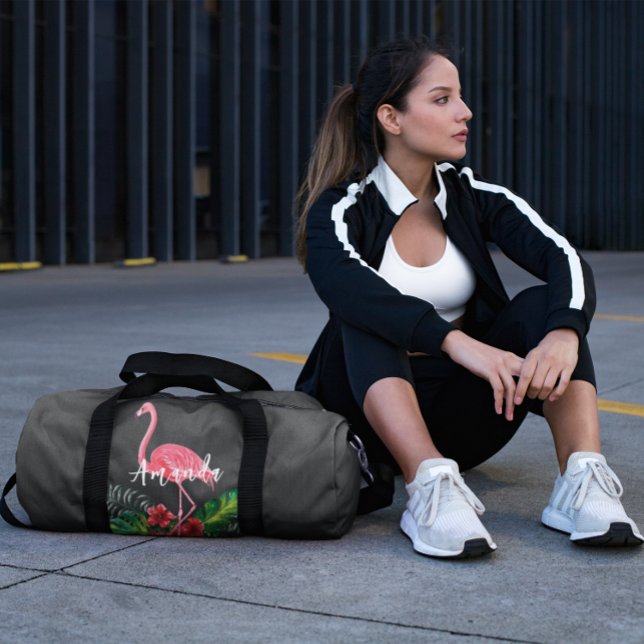 Watercolor Tropical Flowers Flamingo Personalised Duffle Bag (Creator Uploaded)