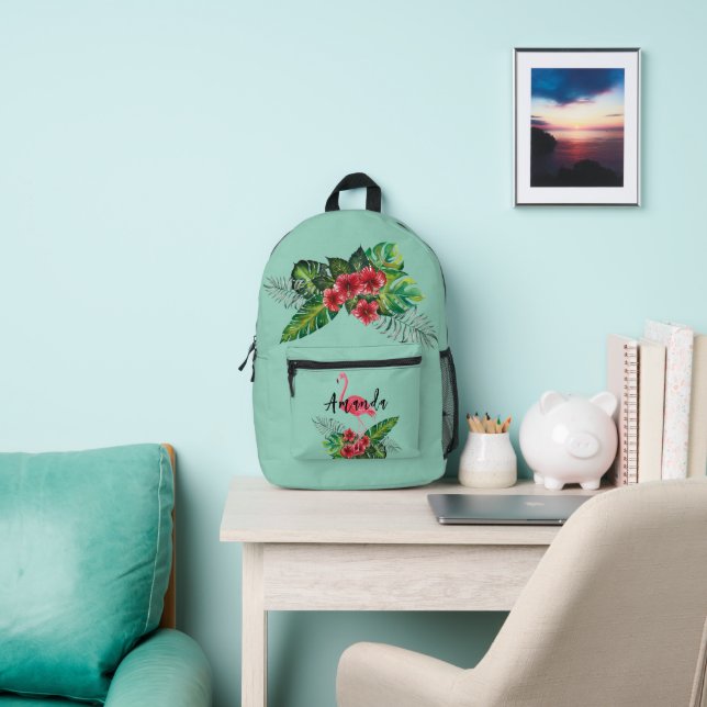 Watercolor Tropical Flowers Flamingo Personalised Printed Backpack (Insitu)