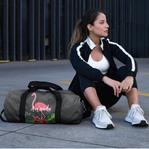 Watercolor Tropical Flowers Flamingo Personalized Duffle Bag