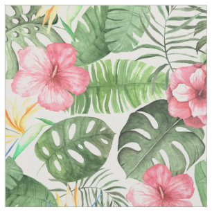 Watercolor Tropical Flowers & Foliage Hibiscus Fabric