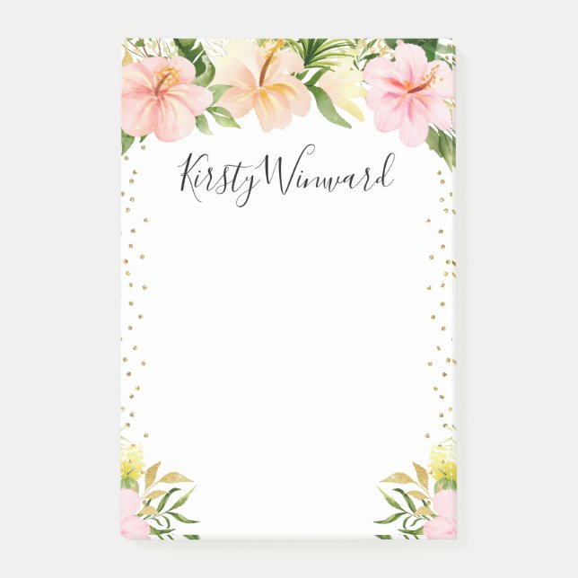 Watercolor Tropical Flowers Gold Confetti Post-it Notes (Front)