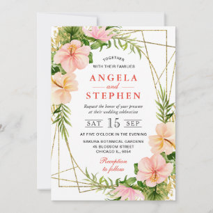 Watercolor Tropical Flowers Gold Frame Wedding Invitation