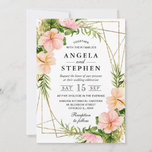 Watercolor Tropical Flowers Gold Frame Wedding Invitation