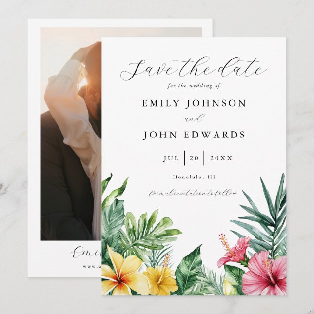 Watercolor Tropical Flowers Greenery Photo Wedding Save The Date (Front/Back)