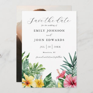 Watercolor Tropical Flowers Greenery Photo Wedding Save The Date