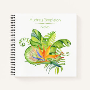 Watercolor Tropical Flowers Leaves Square Notebook
