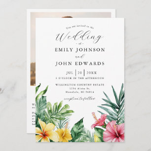 Watercolor Tropical Flowers Photo QR Code Wedding Invitation