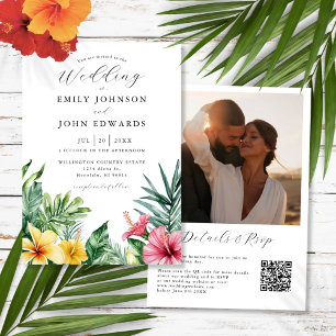 Watercolor Tropical Flowers Photo QR Code Wedding Invitation