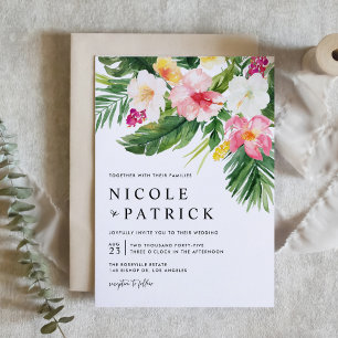 Watercolor Tropical Flowers QR Code Wedding Invitation