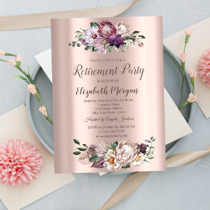 Watercolor Tropical Flowers, Rose Gold Retirement  Invitation