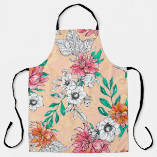 Watercolor tropical flowers, seamless, romantic pa apron