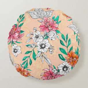 Watercolor tropical flowers, seamless, romantic pa round cushion